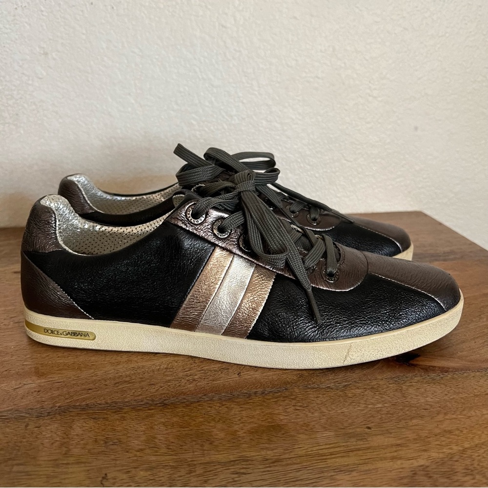 Dolce & Gabbana Metallic Black/Grey Leather Striped Lace Up Sneakers Size 8.5 - Picture 2 of 16